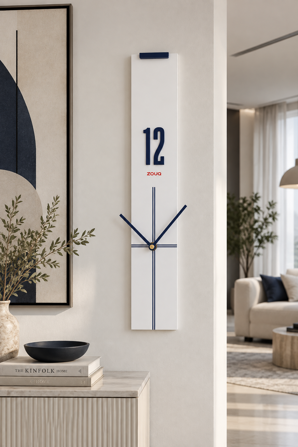 ساعة حائط راسية بيضاء 10*60 برقم خشبي شرطة زرقاء - w015bl-w