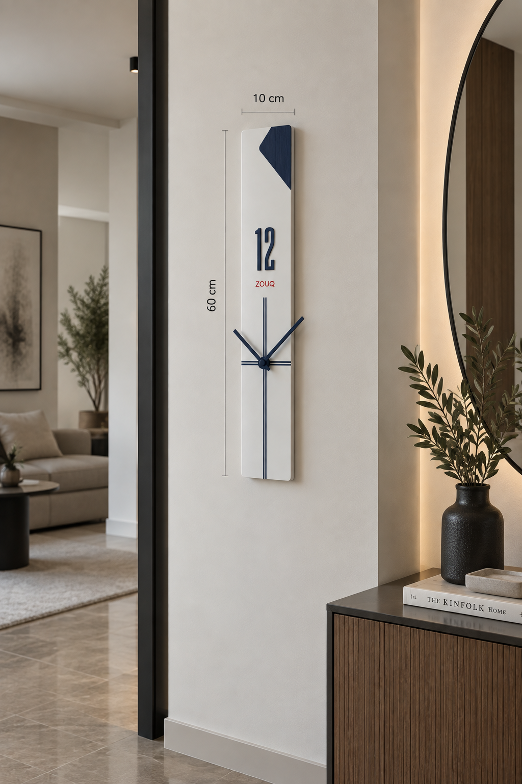 ساعة حائط راسية بيضاء 10*60 برقم خشبي معين ازرق