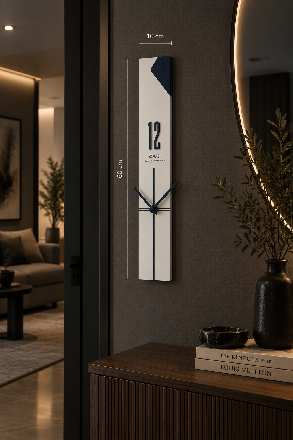ساعة حائط راسية بيضاء 10*60 برقم خشبي معين ازرق