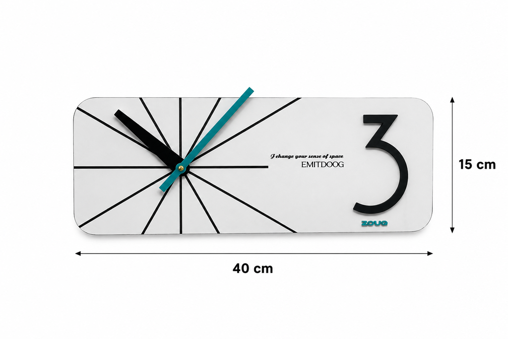 Horizontal wall clock - 40x15 cm matte white melamine layer - geometric lines and black Arabic numerals with a blue hand - Thooq brand