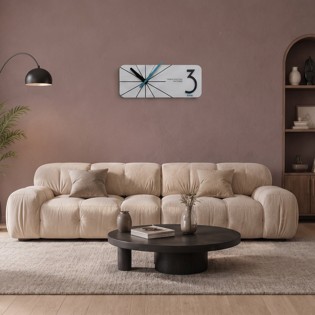 Horizontal wall clock - 40x15 cm matte white melamine layer - geometric lines and black Arabic numerals with a blue hand - Thooq brand